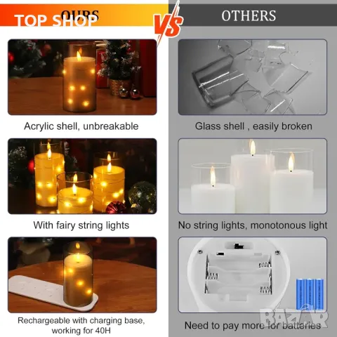 Glowtink 3 бр.LED свещи акумулаторни безпламъчни, дистанционен таймер, мигащи, декор, 4" 5" 6",жълти, снимка 5 - Декорация за дома - 49551769