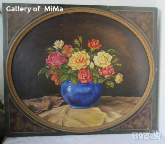 1945 Натюрморт цветя /рози в синя ваза, голяма картина, снимка 5 - Картини - 28888697