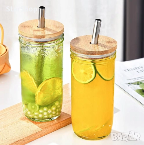 Комплект от 2 стъклени чаши за бабъл чай, с дървен капак и сламка, 720мл, прозрачни, 17,5х8,8х7см, снимка 3 - Други - 52021314