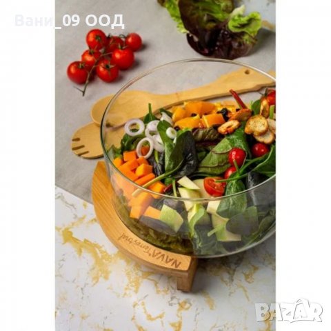 Купа за салата с бамбукова поставка и прибори, снимка 2 - Аксесоари за кухня - 38420767
