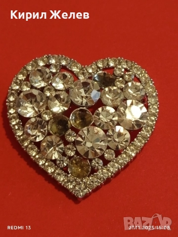 Винтидж брошка във формата на сърце инкрустирана с прозрачни и опушени кристали 52174, снимка 2 - Други - 52562471