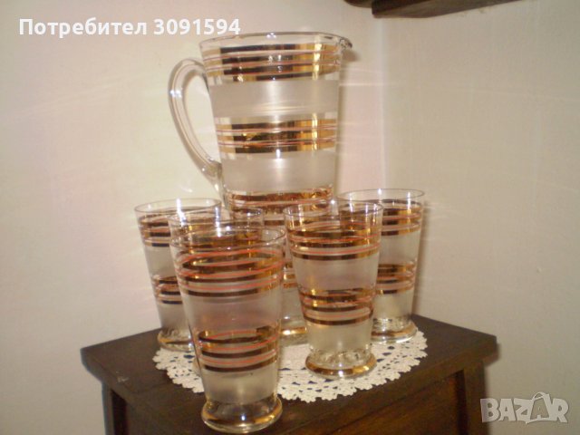 Старинен сервиз за вино кана с 5 чаши широк златен кант, снимка 3 - Други ценни предмети - 40463706