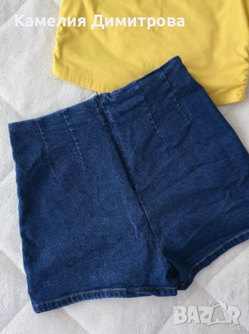 Дамски летен сет – жълт топ + дънкова пола-гащи, снимка 4 - Комплекти - 53285714