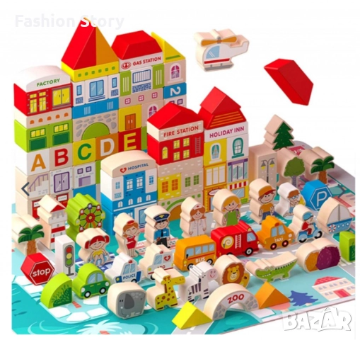 Комплект дървени блокчета, 120 части, снимка 2 - Конструктори - 51546711