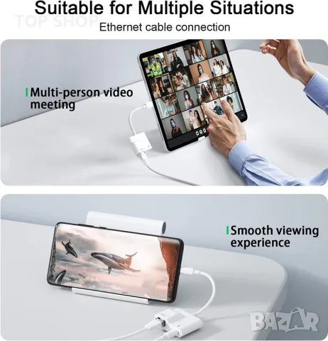 Нов USB C към Ethernet адаптер мрежов конвертор с PD 60W зареждане за MacBook Pro/Air, снимка 6 - Друга електроника - 49658511