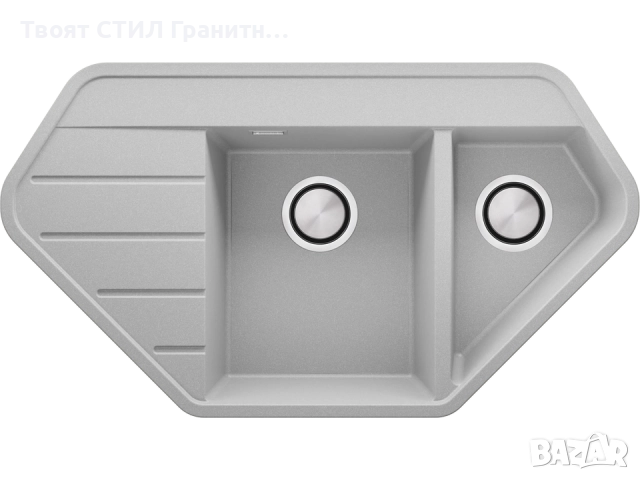Сива ъглова кухненска гранитна мивка Копенхаген 900 Corner 900x500 мм, снимка 6 - Мивки - 51892482