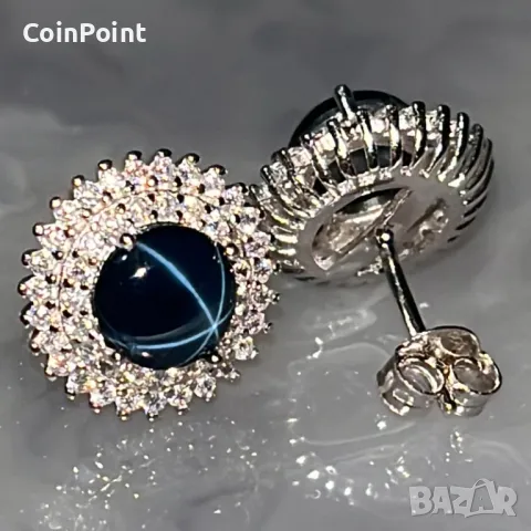 Сребърни обеци с натурални звездни Сапфири , снимка 1