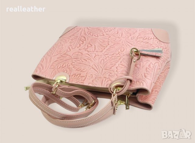Дамска чанта от естествена кожа с ефектна щампа в розово, снимка 4 - Чанти - 34676979