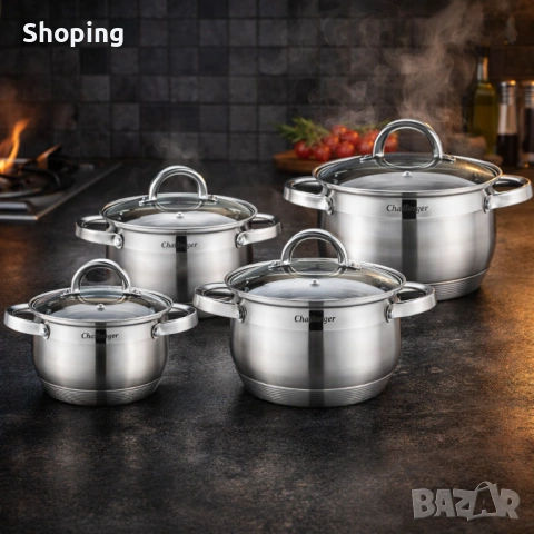 Комплект 4 тенджери от неръждаема стомана с индукционно дъно Cheffinger CF-SS8 + ПОДАРЪК Ръчен чопър, снимка 3 - Съдове за готвене - 53180058
