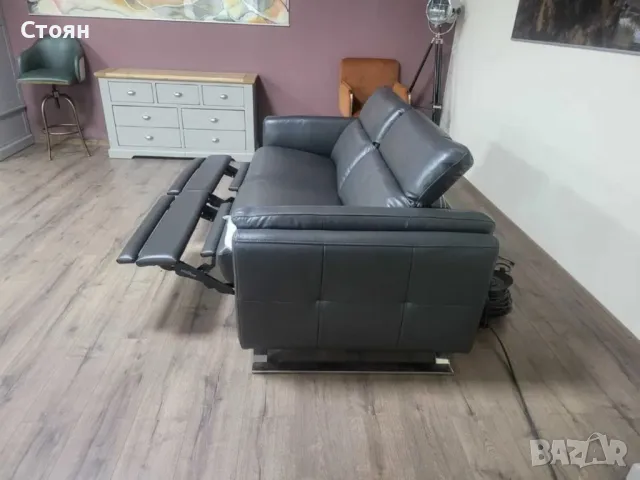 ПРОМОЦИЯ!!! Сив кожен диван тройка с ел. релакс механизъм "Sandro", снимка 4 - Дивани и мека мебел - 47582431