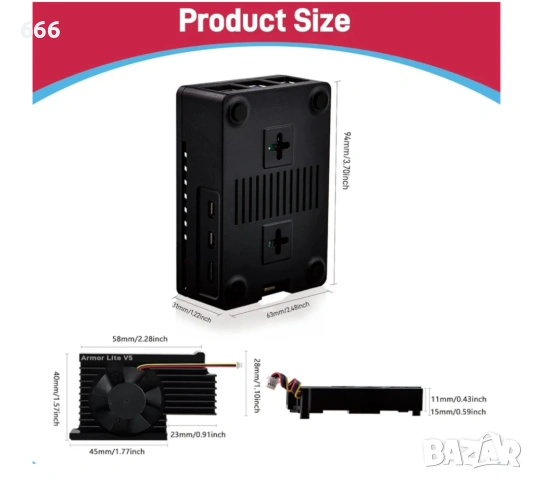 Корпус за Raspberry Pi 5 с Armor Lite V5 радиатор и вентилатор за Raspberry Pi 5 4GB/8GB (черен), снимка 2 - Друга електроника - 53458595