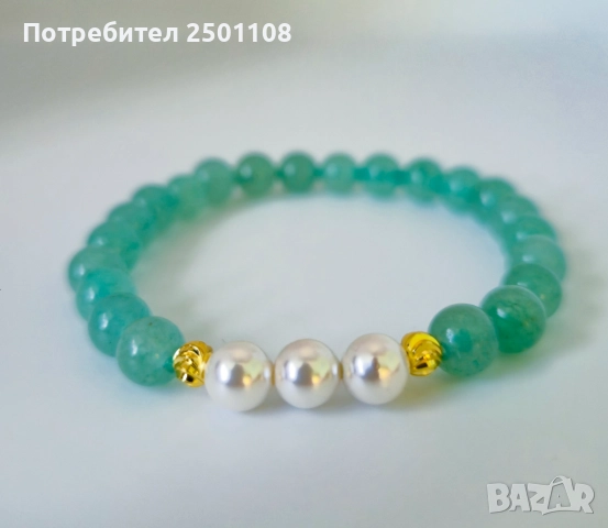 Гривна от естествени камъни – Зелен Авантюрин, перли и позлатени мъниста 18K 