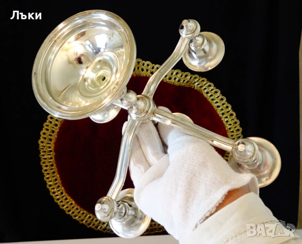 Посребрен свещник петица,чиста мед,21 см. , снимка 6 - Антикварни и старинни предмети - 52067330