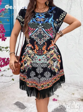 Прекрасна Етно Бохемски Шик Рокля с Ресни / Ярки Наситени Цветове, снимка 5 - Рокли - 50124568