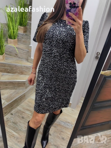 Сива рокля с пайети, снимка 3 - Рокли - 52710892