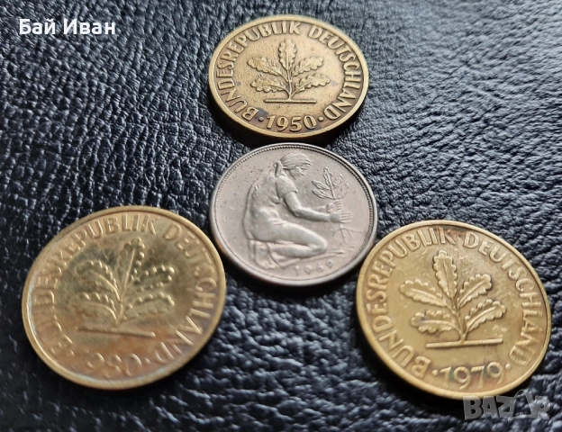 Стара монета 50 пфенига 1969 г. и 10 пфенига 1950 , 1979 и 1980 г.- Германия - топ цена !, снимка 4 - Нумизматика и бонистика - 42402355