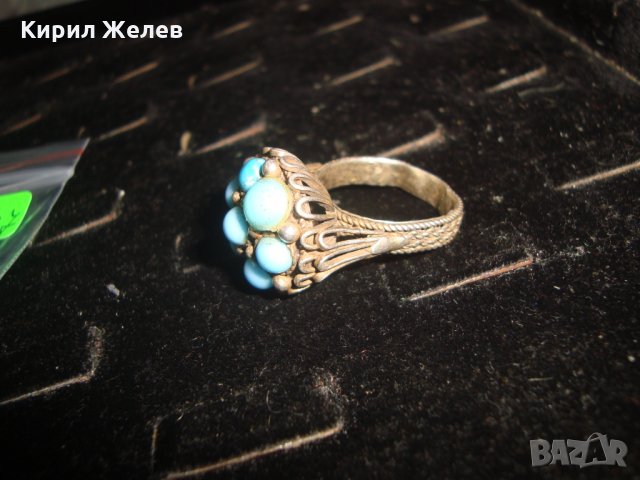 СТАРИНЕН СРЕБЪРЕН ТЮРКОАЗЕН ВЪЗРОЖДЕНСКИ ПРЪСТЕН ЕСТЕСТВЕН ТЮРКОАЗ СРЕБРО КУЮМДЖИЙСКА РАБОТА 22627, снимка 9 - Антикварни и старинни предмети - 33045324