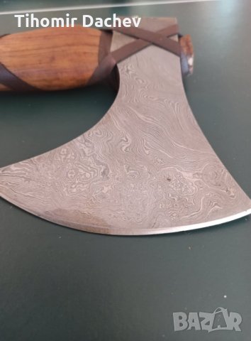 Брадва от дамаска стомана с кожена кания - ръчна изработка, снимка 4 - Ловно оръжие - 33251925