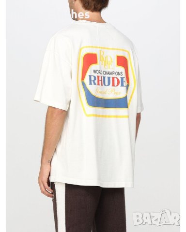 RHUDE Cream Grand Prix Hopps Logo Oversized Мъжка Тениска size S (M) и M (L), снимка 2 - Тениски - 42979314