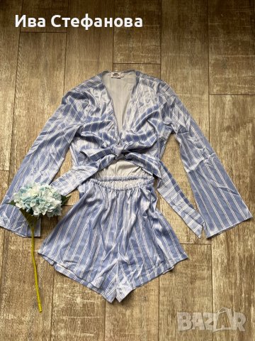 Разкошен летен сатенен син гащеризон сет от две части панталон висока талия топ комплект 2в1