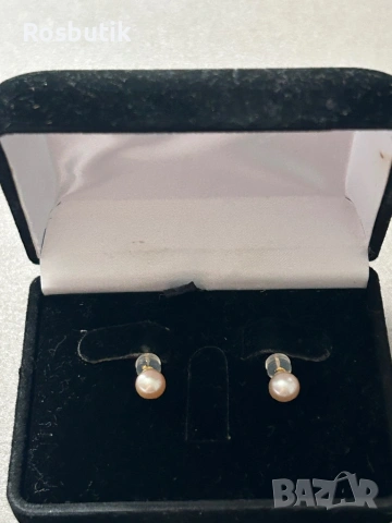 Златни обеци  с естествени розови перли ААА, снимка 3 - Обеци - 53366590