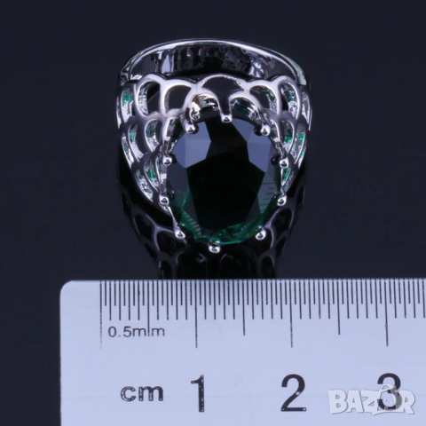 Сребърен комплект обици, колие и пръстен със смарагди, снимка 5 - Бижутерийни комплекти - 44886092