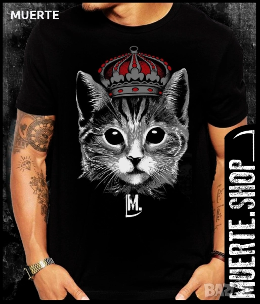 Черна тениска с щампа CAT WITH CROWN, снимка 1