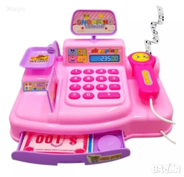 Детски касов апарат с продукти и пари с звук и светлина розов 154922, снимка 1