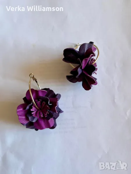 Лилави обици от кожа на златисти халки модел 48, снимка 1