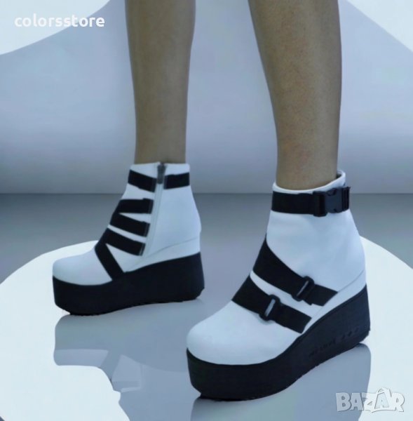 Боти на платформа - бяла кожа с черно ходило - 135K, снимка 1
