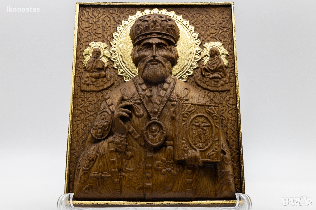 Релефна икона на Свети Николай Чудотворец – позлатена с варак, снимка 1