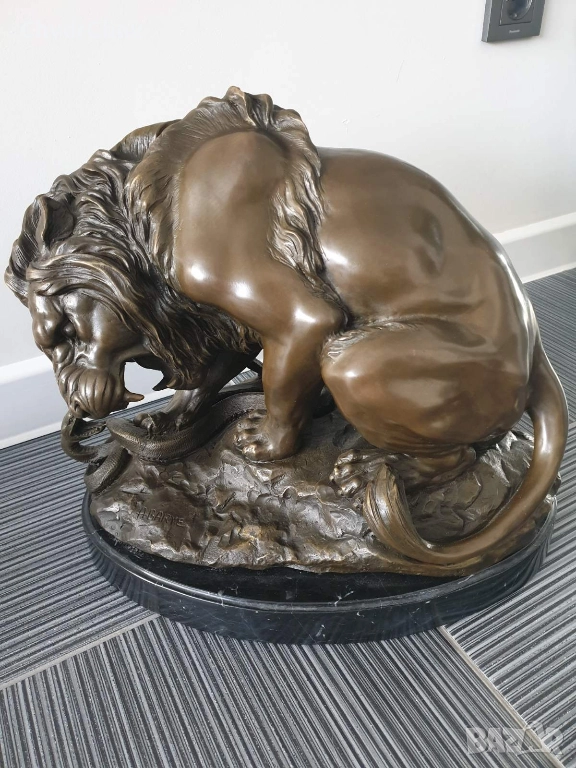 60см-22кг Barye статуя-композиция/голяма бронзова скулптура/фигура на лъв и змия, снимка 1