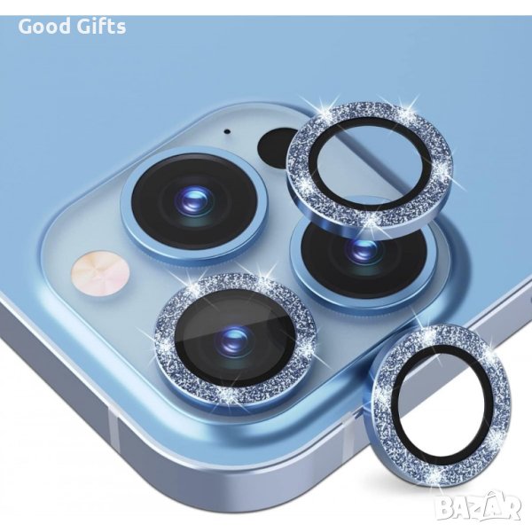 Протектор с камъни за Камера, iPhone 15, Син, снимка 1