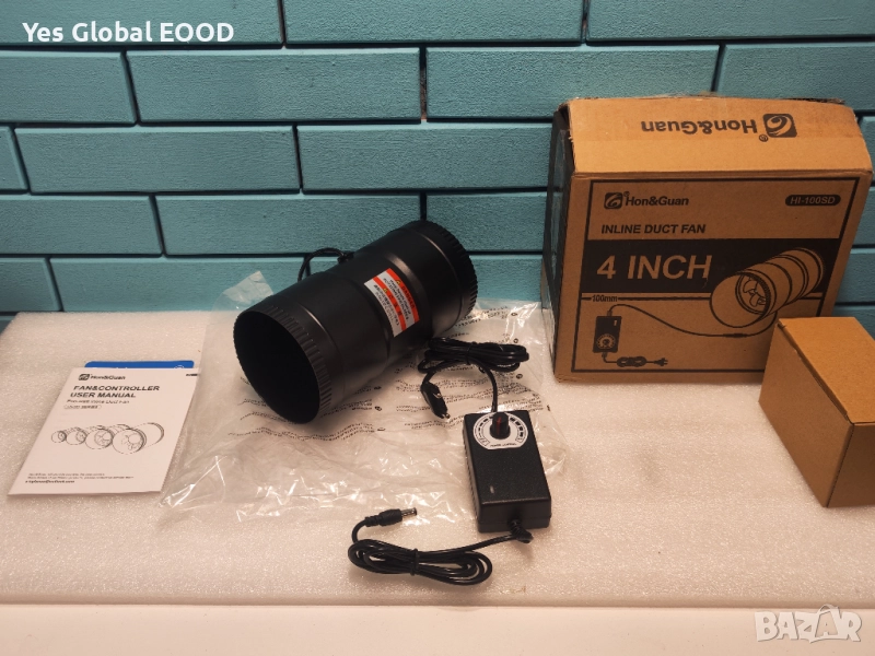 Hon&Guan 100mm Вентилатор за въздуховод 221m³/h с EU щепсел, снимка 1