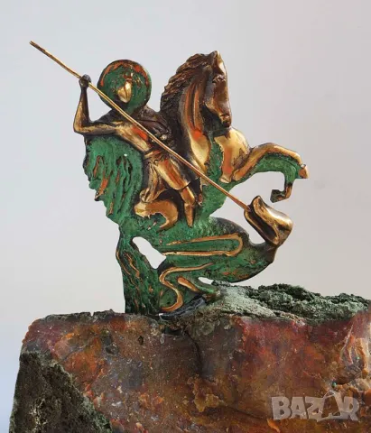 Свети Георги и змея, скулптура, пластика от бронз върху основа яспис, снимка 2 - Статуетки - 48284150