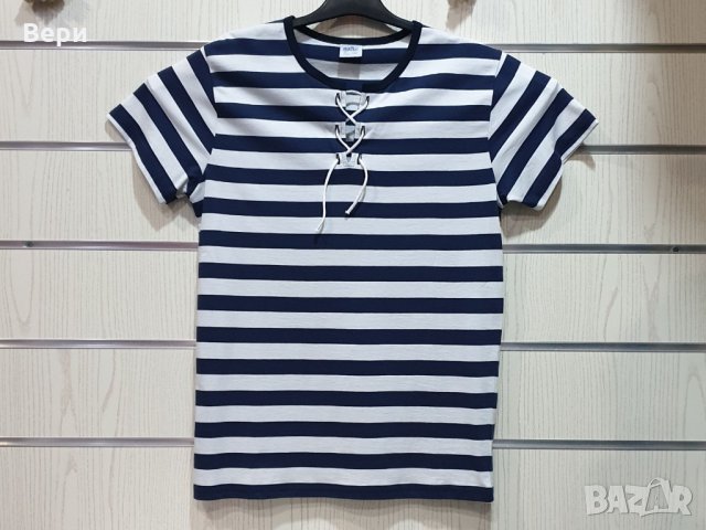 Нова мъжка моряшка тениска с връзки на тъмносиньо/бяло райе, снимка 12 - Тениски - 27950602