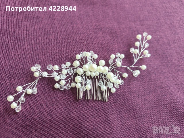 Аксесоар за коса – сребрист, с перли и кристали за сватба, бал, парти, снимка 4 - Аксесоари за коса - 50778178