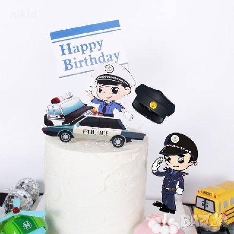 6 бр Полиция Полицай Happy Birthday топер клечки картон декор украса за торта рожден