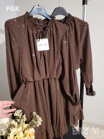 Рокля с блясък в шоколадово кафяво , снимка 2 - Рокли - 52734240