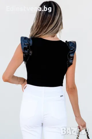 Разпродажба! Дамско елегантно боди в черно с къси кожени ръкави, снимка 2 - Други - 50065620