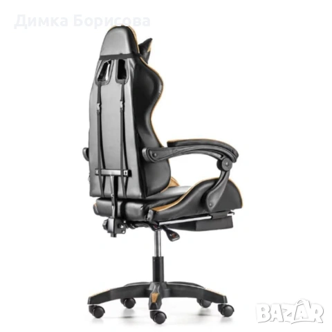 Черен геймърски стол с златисти акценти и разтегляема поставка за крака , снимка 5 - Столове - 53244553