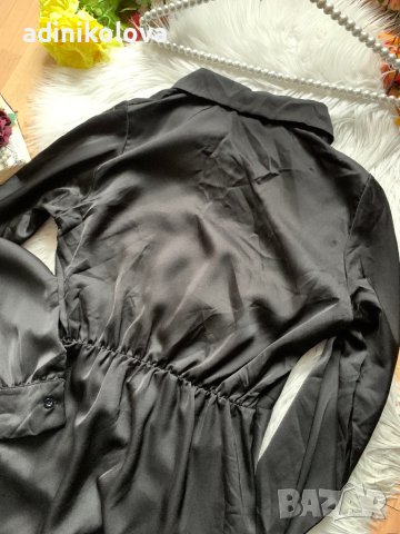 Черна сатенена рокля тип риза, снимка 3 - Рокли - 43034737