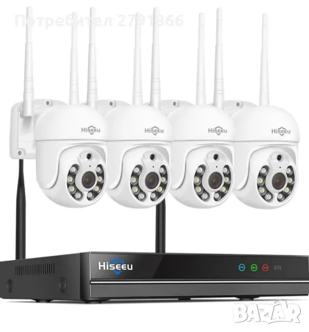 Hiseeu 5MP безжична система с 4 охранителни камера WiFi-Pro IP66, NVR с 1TB твърд диск