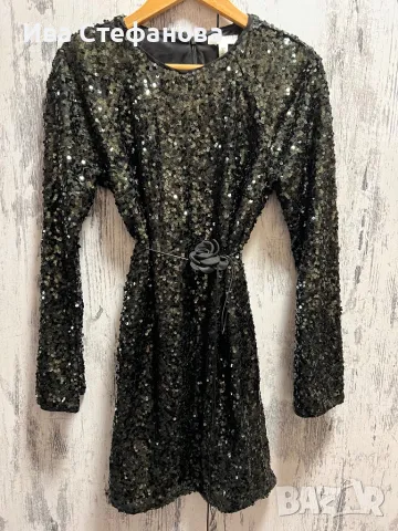 блестяща нова  къса парти коктейлна официална тъмно маслено зелена еластична рокля пайети, снимка 14 - Рокли - 48144445