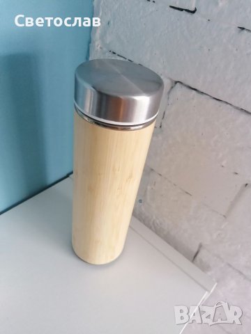 Термос с цедка за чай от бамбуково покритие и неръждаема стомата, снимка 2 - Термоси - 37000115