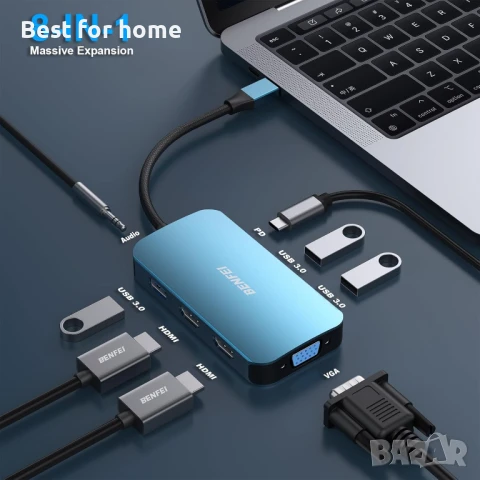  8-в-1 Докинг станция BENFEI USB C MST Hub, USB-C HUB с 2 x HDMI/1 x VGA/3 x USB 3.0/100W , снимка 2 - Мрежови адаптери - 51306597