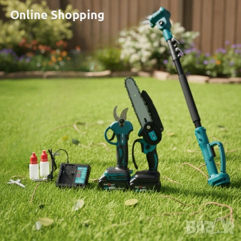 Комплект 3 в 1 от акумулаторна лозарска ножица, акумулаторен мини верижен трион и телескопичен прът, снимка 2 - Моторни триони/резачки - 53336156