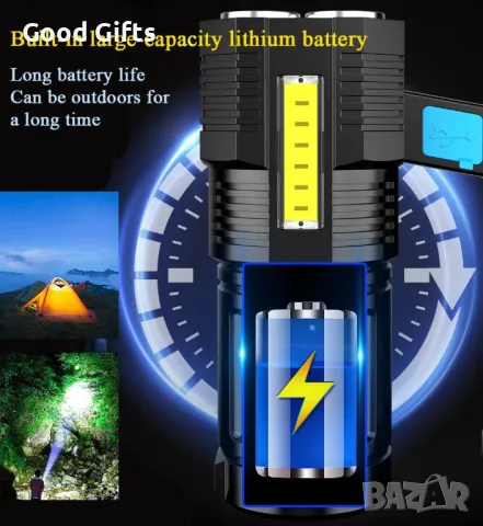 Акумоларторен LED фенер, 2W LED + 3W CОВ студено бяло (6000K), снимка 4 - Други - 50209305