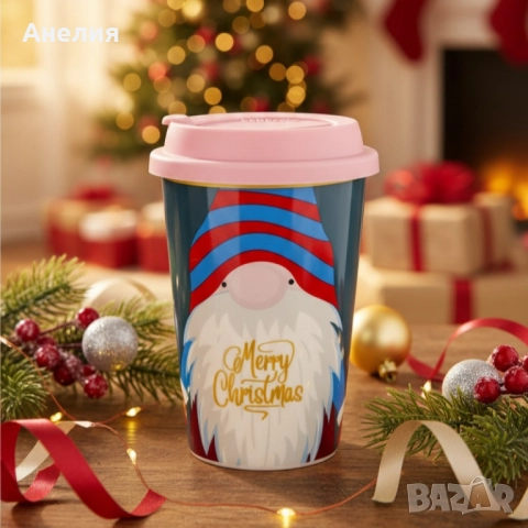 Порцеланова Коледна чаша със силиконов капак, снимка 2 - Чаши - 52479501