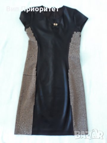 PHILIPP PLEIN-  Черна елегантна рокля със златни капсоловани точки, кожа и метал, дълъг цип на гърба, снимка 7 - Рокли - 37264793